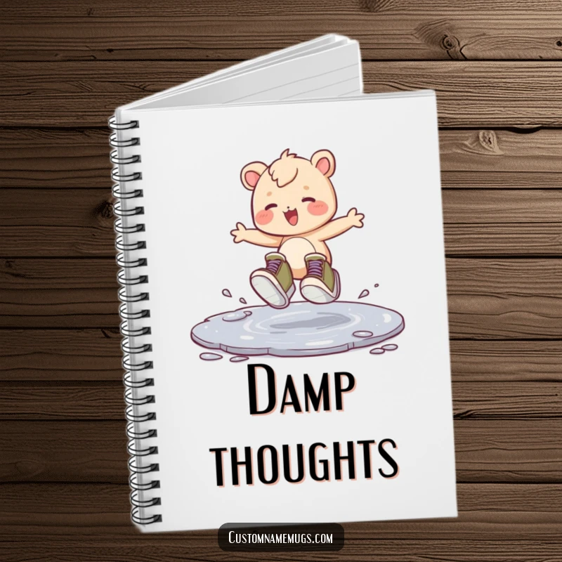 Funny notebook cover featuring a creature with oversized shoes joyfully hopping in a puddle, encouraging happy and silly note-taking.