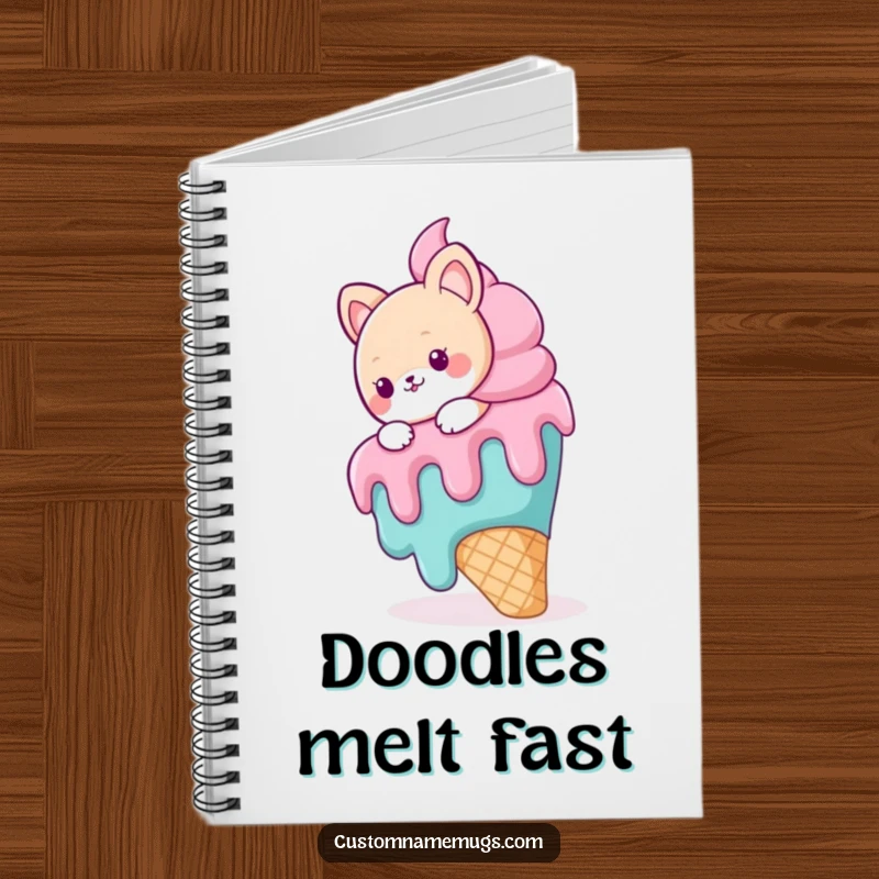 Funny notebook cover featuring a cute animal character slipping on a giant melting ice cream cone, inspiring sweet and silly notes.