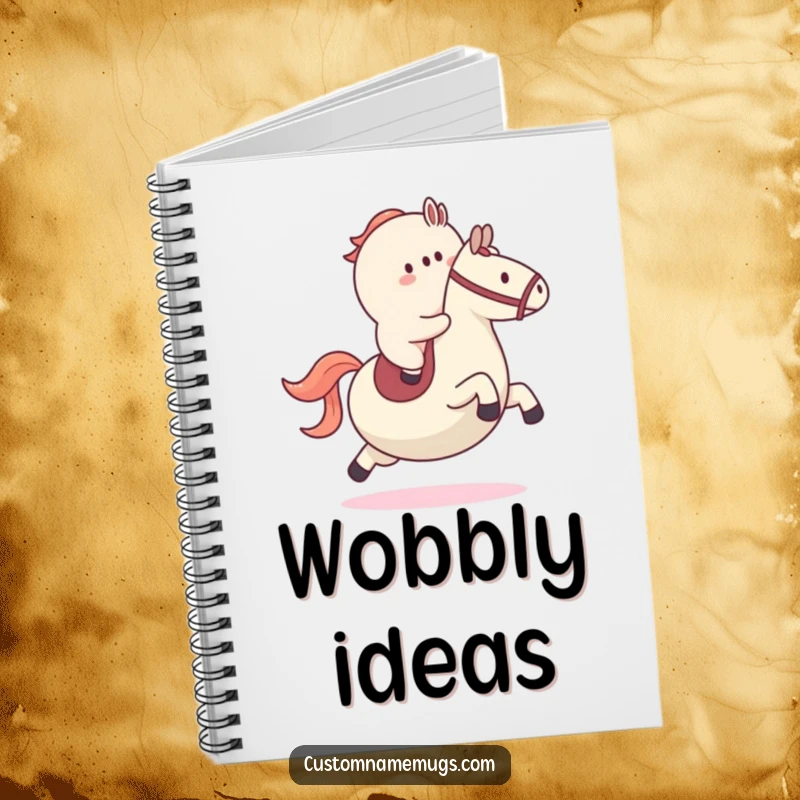 Funny notebook cover featuring a blob character riding a large bouncy ball like a horse, encouraging energetic and silly note-taking.