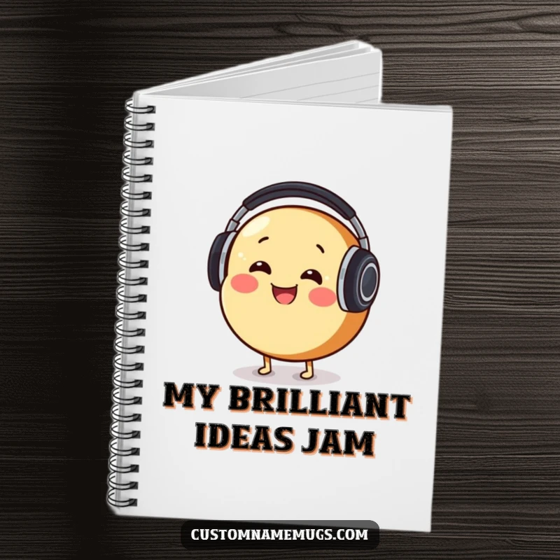 Funny Notebook: Smiling round bread character comically wearing oversized headphones, bobbing its head attentively.