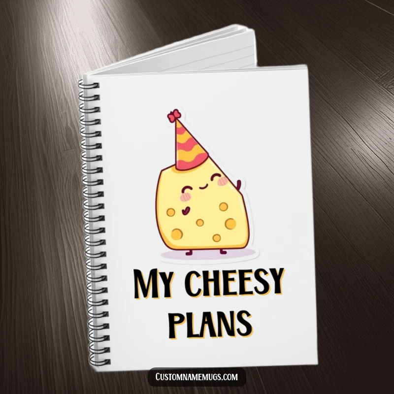 Funny Notebook: Jolly cheese wedge attempting to balance a tiny party hat, inspiring cheesy party planning.