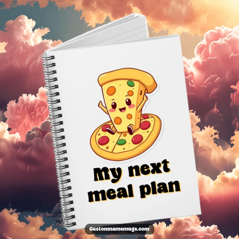 Funny cheese pizza notebook cover showing a proud cheese slice character falling into a giant pizza, symbolizing delicious ideas and culinary dreams.