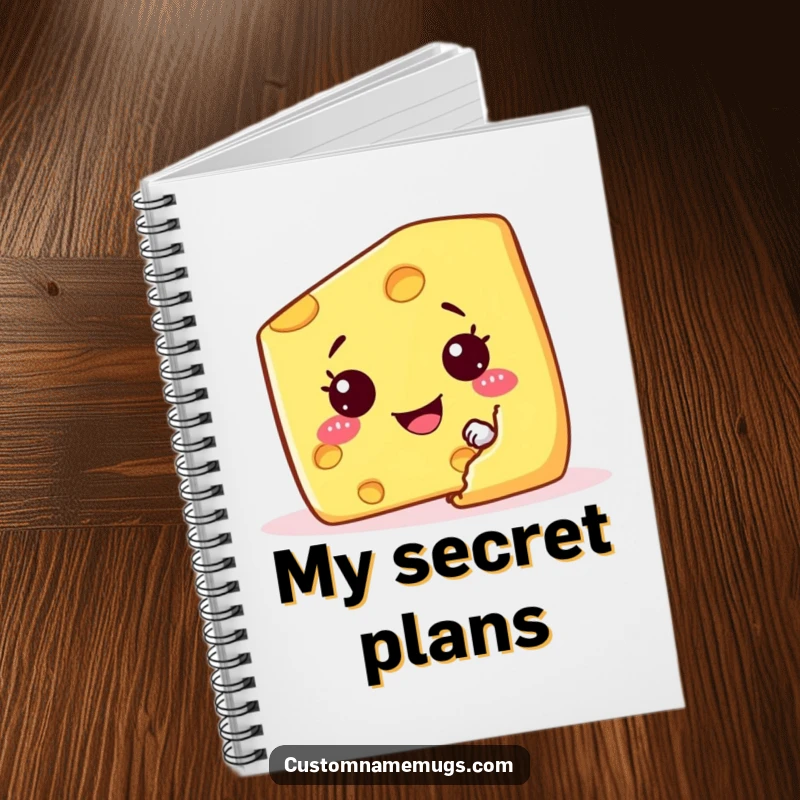 Funny notebook cover with a mischievous cheese wedge character hiding behind a cracker, encouraging creative writing.