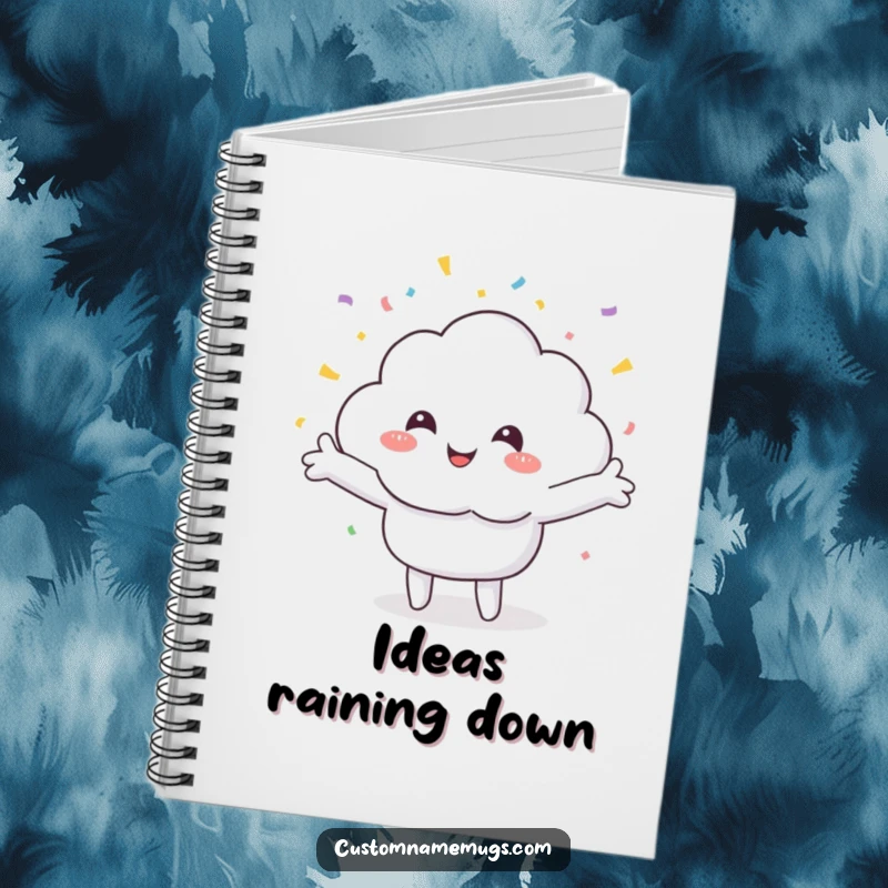 Funny notebook with a smiling cloud character joyfully receiving a shower of confetti, perfect for jotting down happy thoughts and plans.