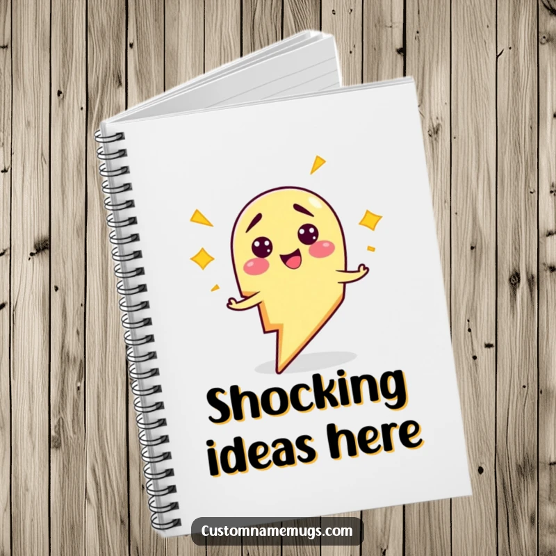 Funny notebook with a smiling, clumsy lightning bolt character comically zapping himself, perfect for jotting down funny ideas.