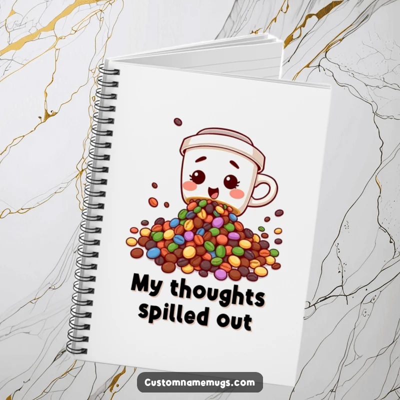 Funny notebook with a cute, clumsy coffee cup character spilling colorful beans, perfect for jotting down funny thoughts and ideas.