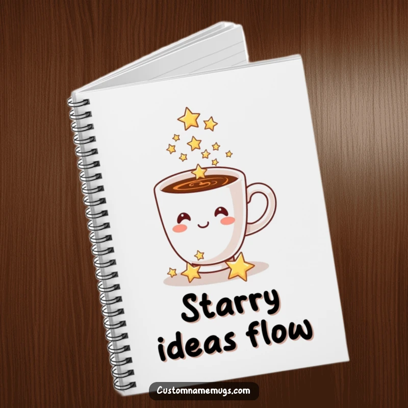 Funny coffee cup notebook, a smiling cup pours sparkling stars, perfect for journaling magical thoughts.