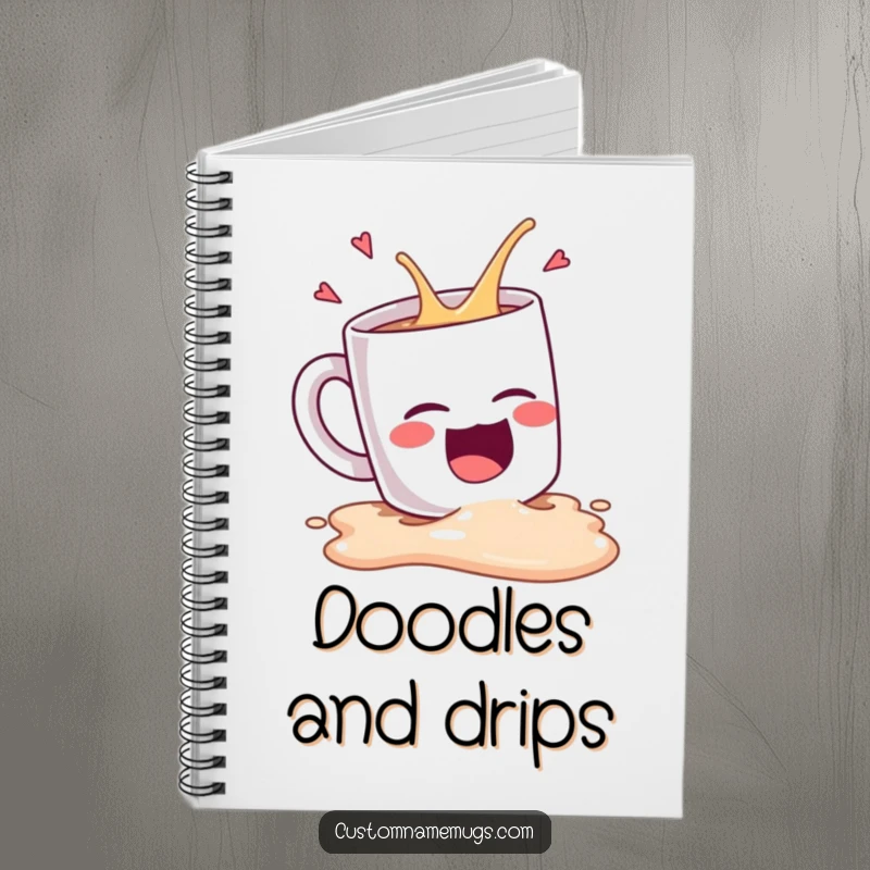 Funny Kawaii coffee mug character spilling while laughing hysterically, a humorous notebook for jotting down creative ideas.