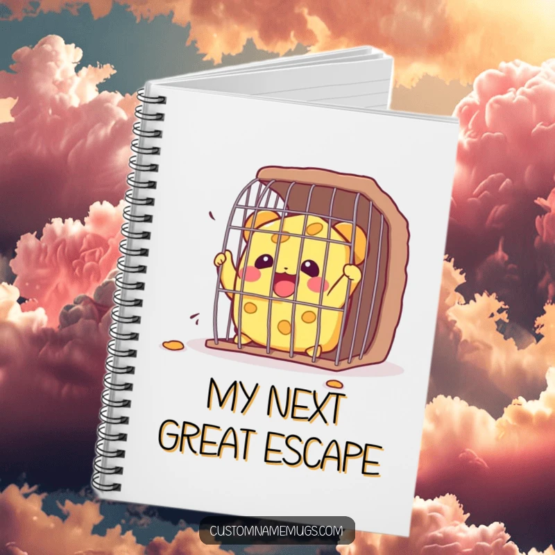 Funny Kawaii cheese character breaking free from a tiny cage, a humorous notebook for writing, journaling, or planning.