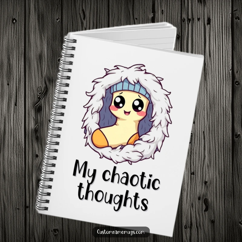 Funny Kawaii sock character with googly eyes peeking out from a dryer lint monster, a humorous notebook for jotting down ideas.