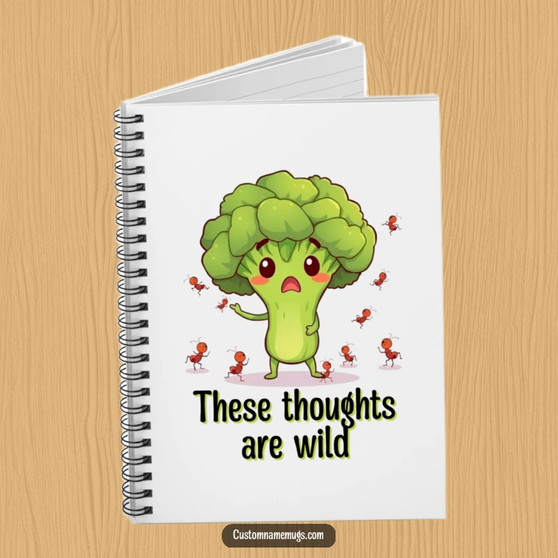 Funny notebook with a surprised broccoli character juggling tiny dancing ants, ideal for jotting down funny ideas.