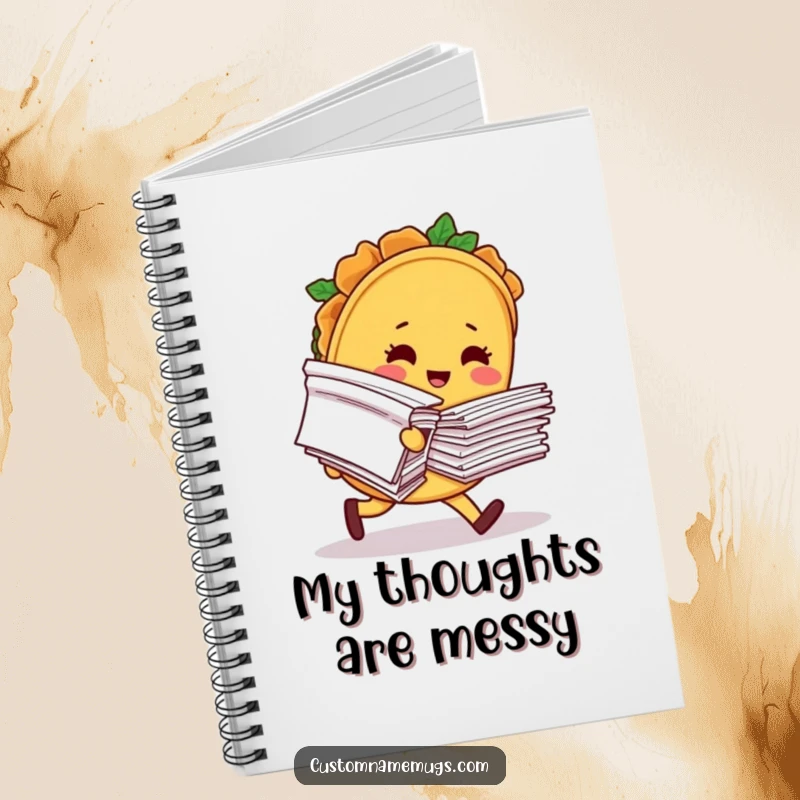Funny notebook cover with a blushing taco character comically tripping with a huge stack of papers, perfect for jotting down thoughts.