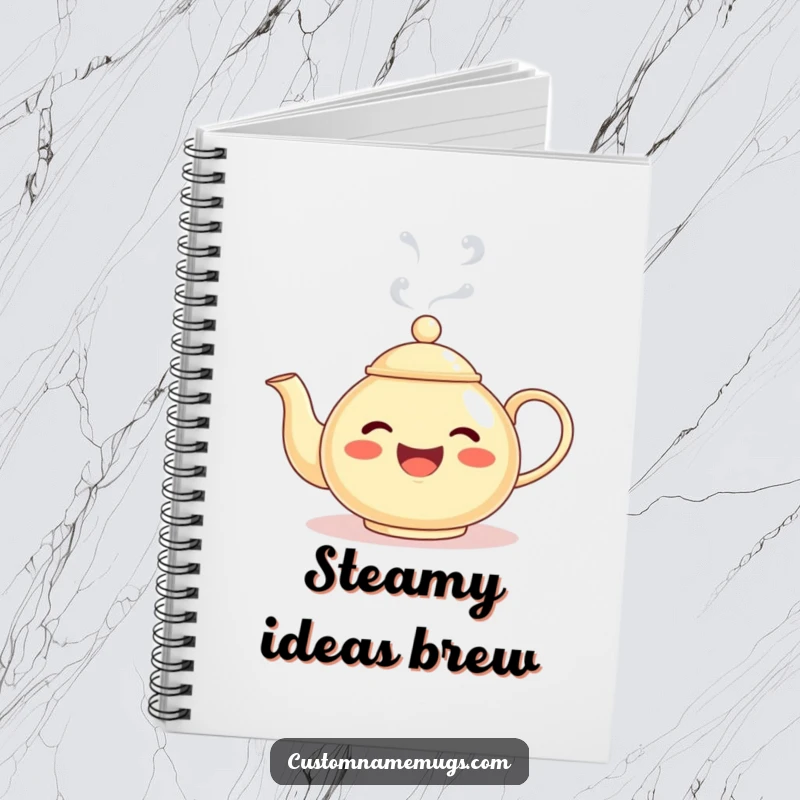 Funny notebook featuring a delighted teapot character with steam forming a silly face, perfect for jotting down ideas with humor.