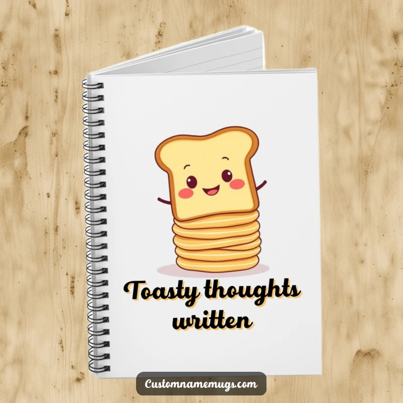 Funny notebook with a smug slice of toast balancing a wobbly stack of pancakes ready to fall. Ideal for journaling.