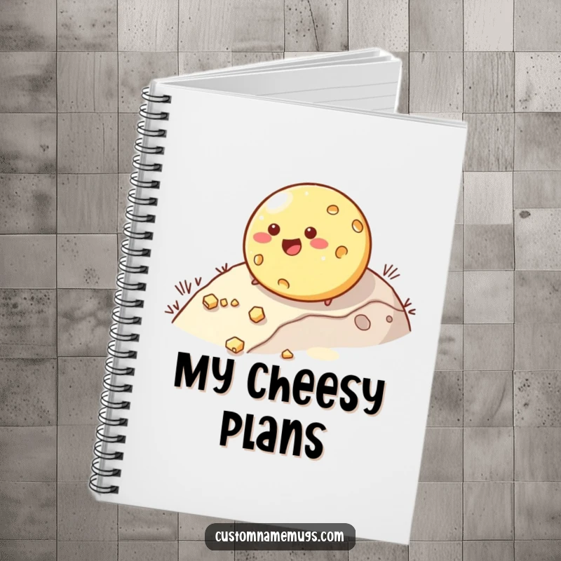 Funny notebook featuring a happy, round cheese character rolling downhill and losing pieces. Ideal for note-taking with humor.