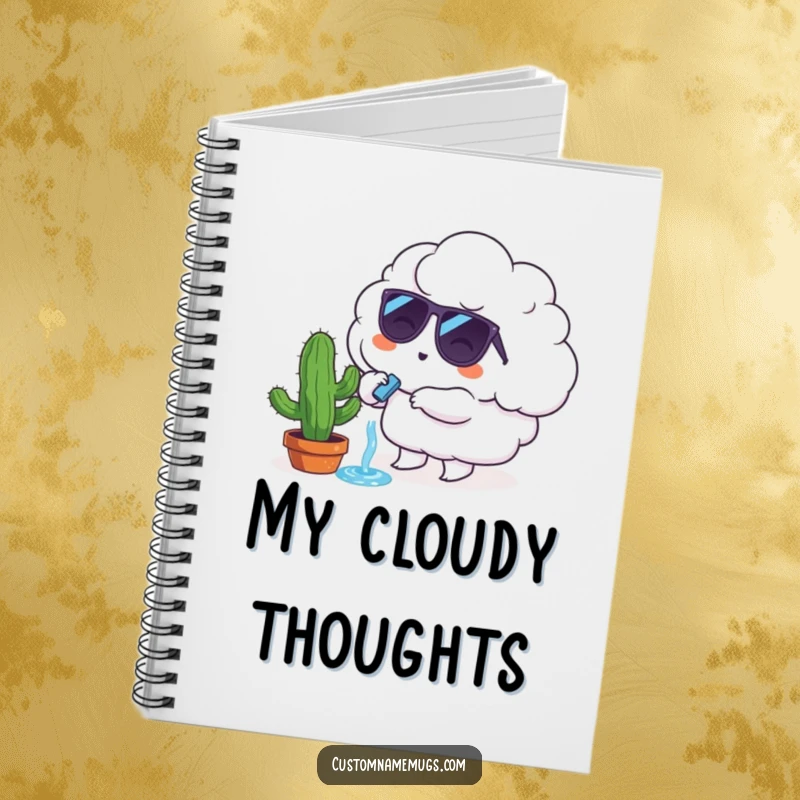 Funny Notebook: A cloud character in sunglasses attempts to water a tiny, sad cactus.