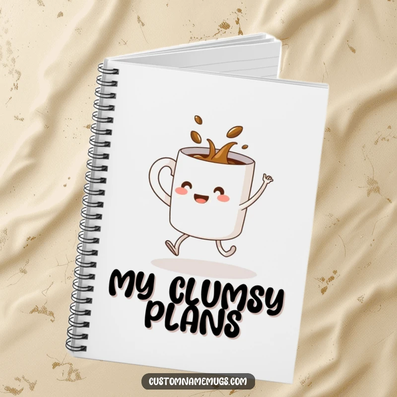 Funny notebook featuring a coffee mug with legs spilling its contents while dancing, for jotting notes with humor.