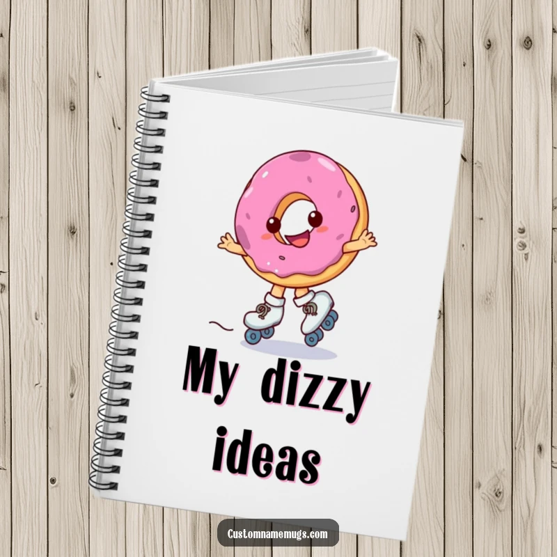 Funny notebook featuring a smiling donut wearing roller skates, spinning erratically, for jotting notes with humor.