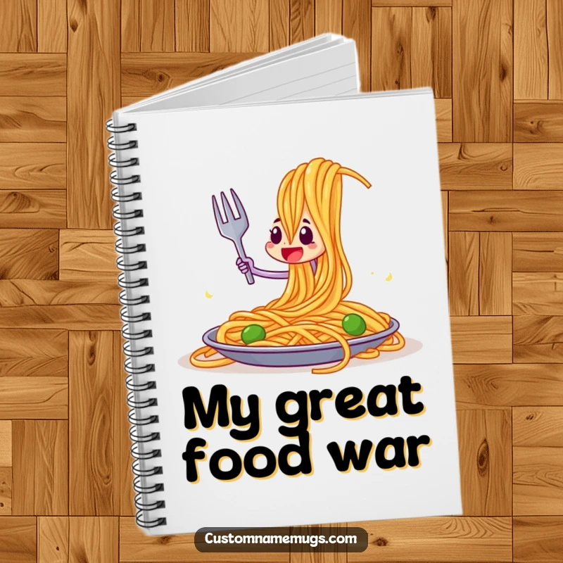 Funny notebook cover depicting a brave fork character engaged in an epic joust with a giant spaghetti strand, creative inspiration.