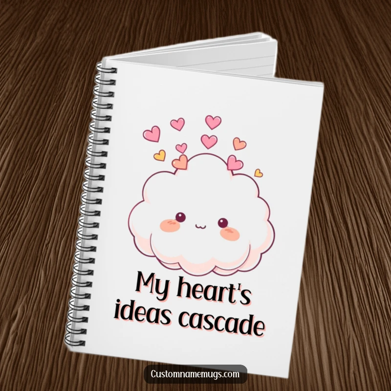 Funny Notebook: Cute, fluffy cloud character playfully raining small, colorful hearts onto its own head, inspiring creativity.