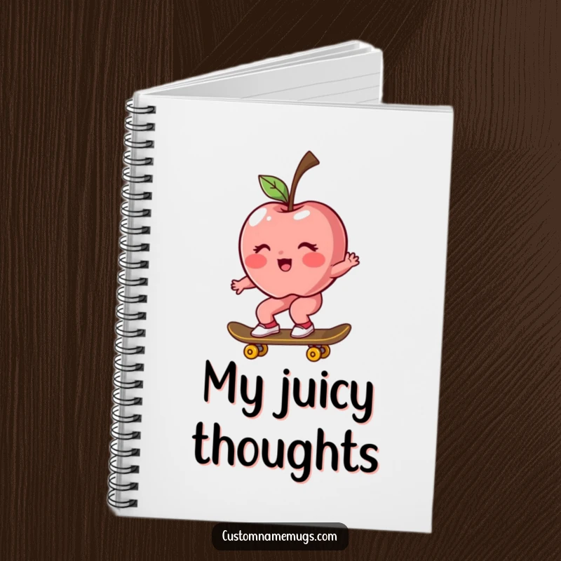 Funny notebook with a blushing, rosy apple character riding a skateboard, ideal for jotting down fun ideas.