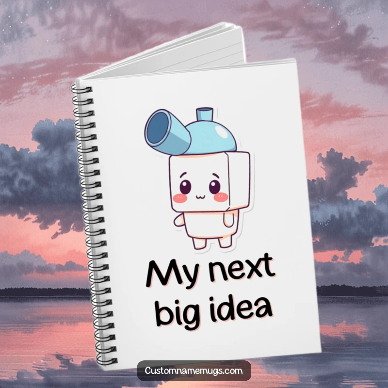 Funny notebook featuring a happy blocky character looking confused while wearing a plunger as a hat, ideal for note-taking.