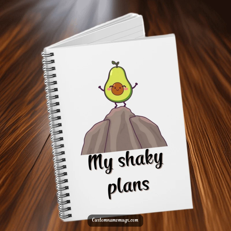 Funny notebook cover with a giggling avocado balancing on its pit, encouraging creative writing with humor.