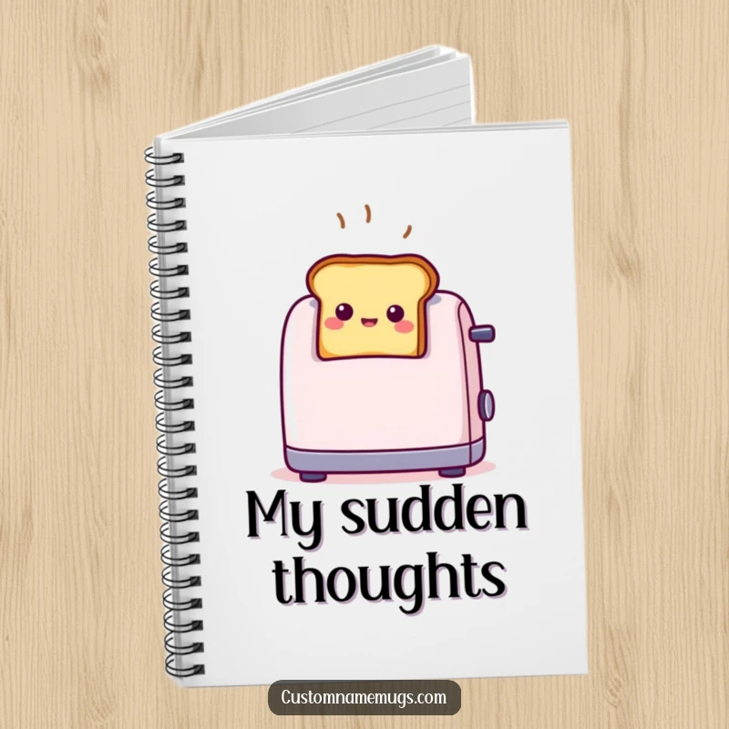 Funny tiny smiling toast popping out of a toaster with surprise, featured on the cover of a notebook for happy notes.