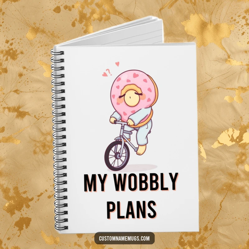 Funny notebook with a sleepy donut in pajamas riding a unicycle, ideal for jotting notes with a humorous, sweet touch.
