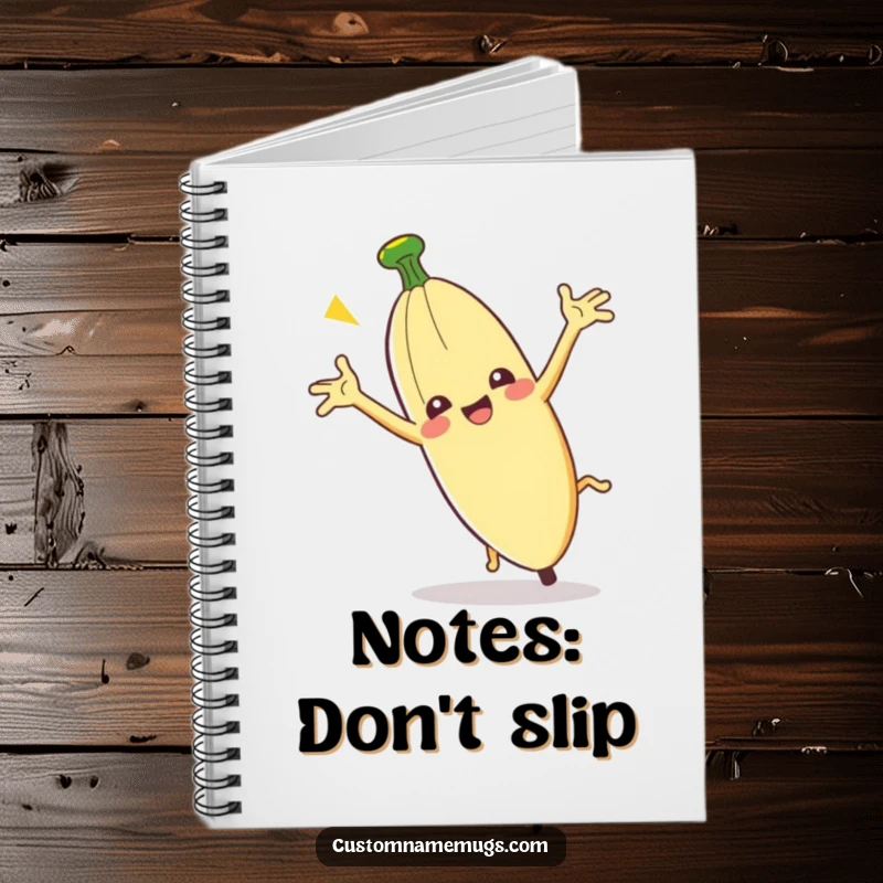 Funny Clumsy Banana Peel Notebook: A banana peel slips comically, perfect for jotting notes with a smile.