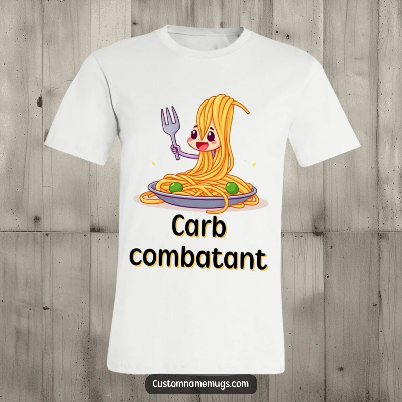 Funny t-shirt depicting a valiant fork character in a comical joust against an oversized spaghetti strand, a fun food fight.