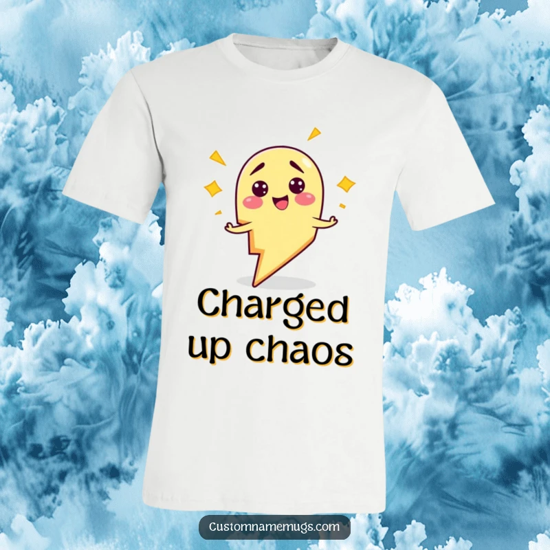 Funny t-shirt showing a smiling, clumsy lightning bolt character comically zapping himself, great for a funny gift.