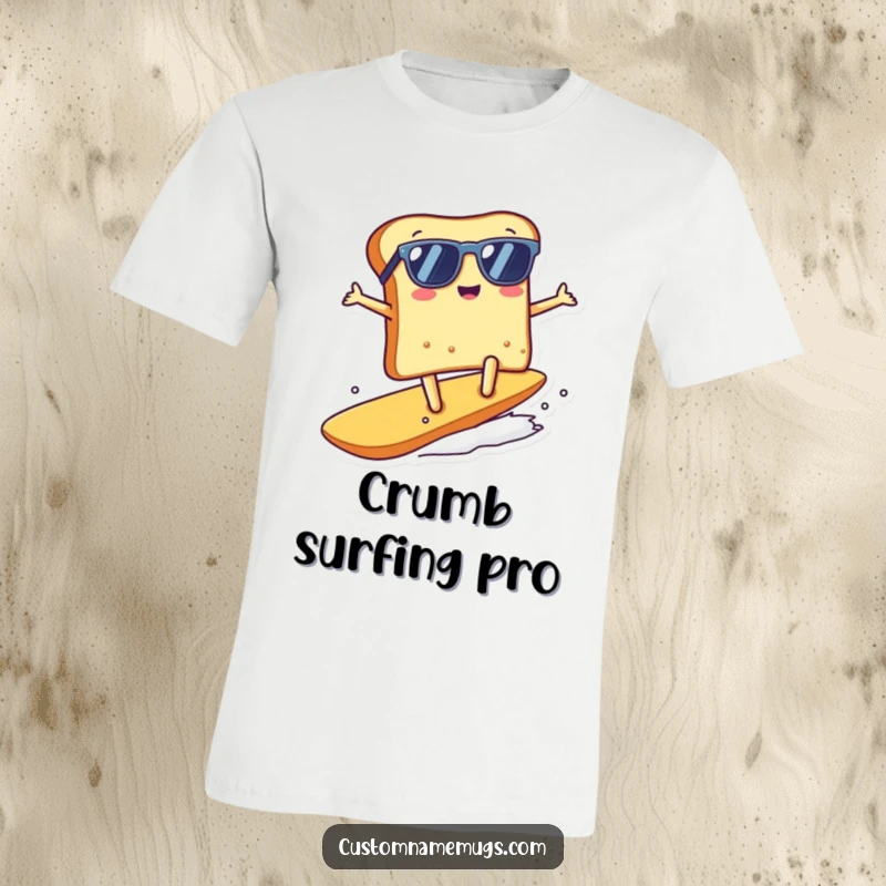 Funny kawaii toast character in sunglasses surfing a giant crumb on a t-shirt, a cool funny gift.