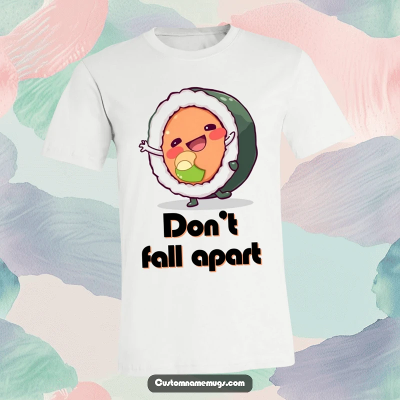Funny t-shirt depicting a happy sushi roll character attempting a cartwheel and almost falling apart, perfect for sushi enthusiasts.