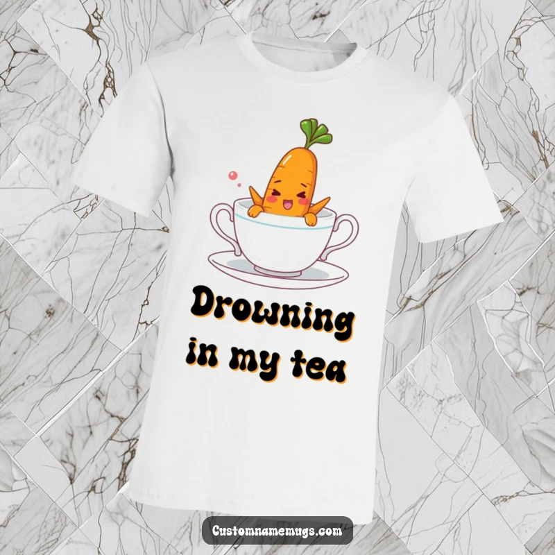 Funny cheerful carrot character comically attempts to swim in a teacup, showcasing a humorous and adorable scene on a t-shirt.
