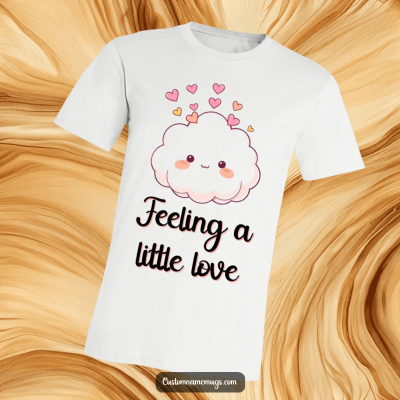 Funny T-Shirt: Adorable fluffy cloud character playfully raining colorful hearts directly onto its own head.