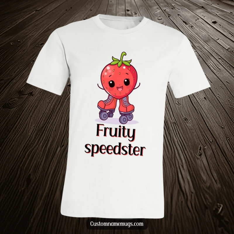 Funny t-shirt with a cheerful strawberry character wearing oversized roller skates and wobbling, a playful fruit design.