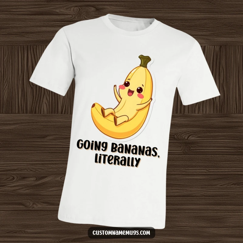 Funny Kawaii banana enjoying an ecstatic slide down a banana peel, printed on a comfortable t-shirt, perfect for casual wear.