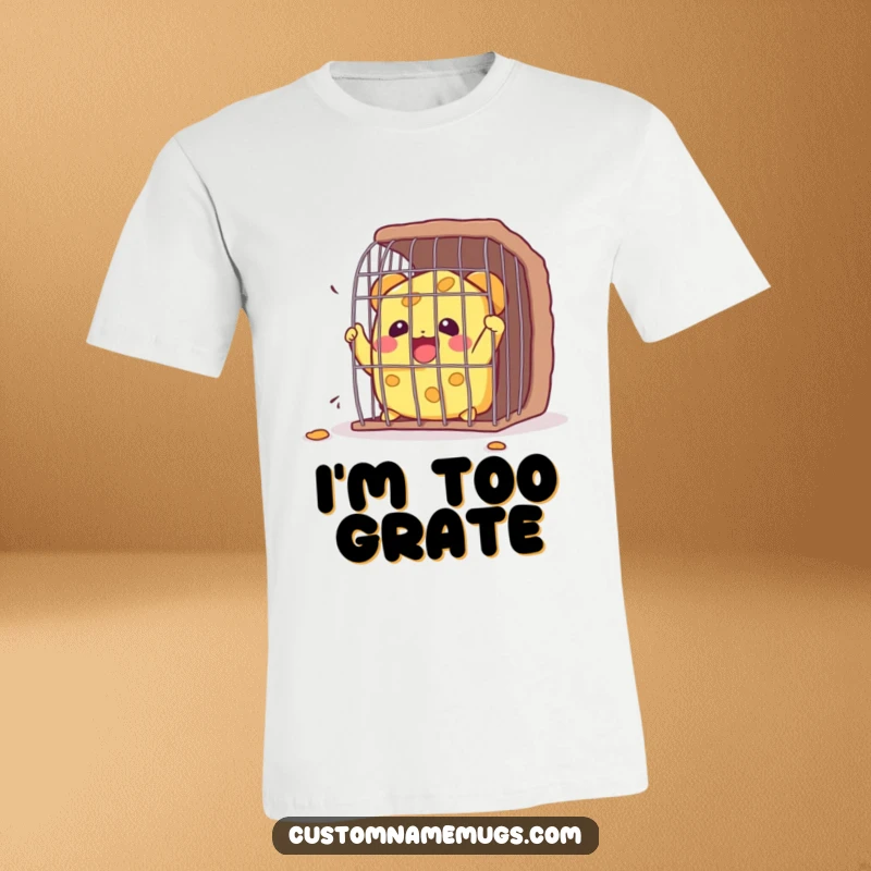 Funny Kawaii cheese character joyfully leaping out of a tiny cage, a humorous t-shirt celebrating freedom and deliciousness.