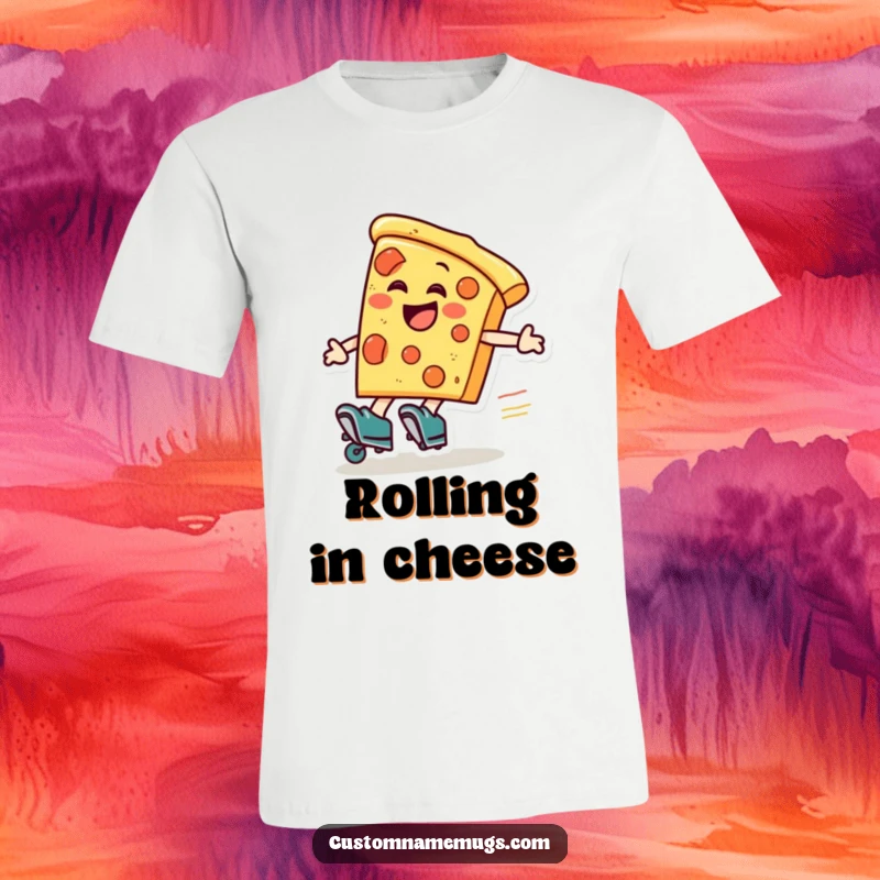 Funny pizza roller skater t-shirt, a laughing pizza slice wearing roller skates zooms around, celebrating pizza.