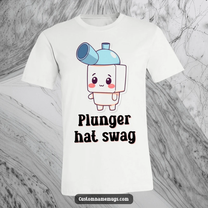 Funny t-shirt featuring a cheerful, blocky character wearing a plunger as a hat, looking confused yet happy. Great humor.