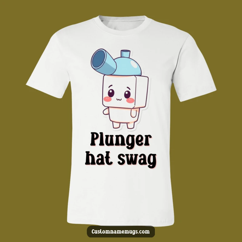 Funny Plunger Hat T-Shirt: Adorable Blocky Character's Hilarious Headwear Mishap