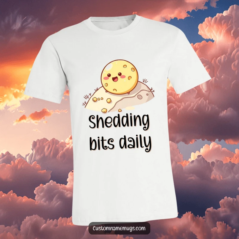 Funny t-shirt showing a happy, round cheese character tumbling down a hill, losing pieces. A hilarious food-themed design.
