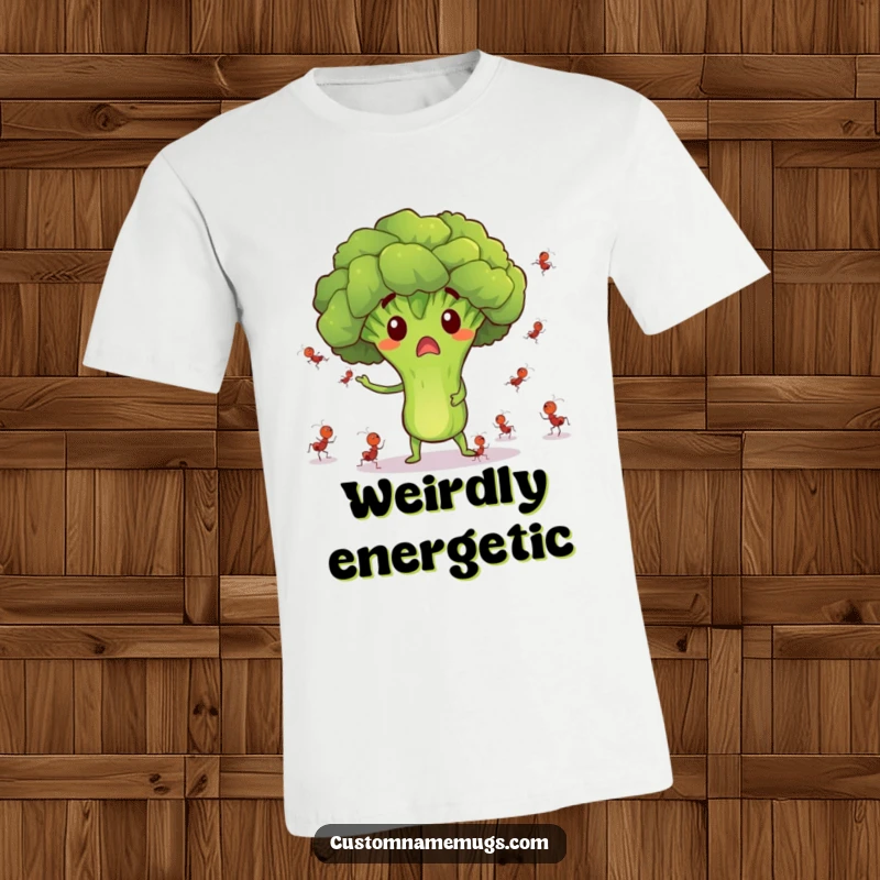 Funny t-shirt featuring a surprised broccoli character juggling tiny dancing ants, a quirky and humorous gift.