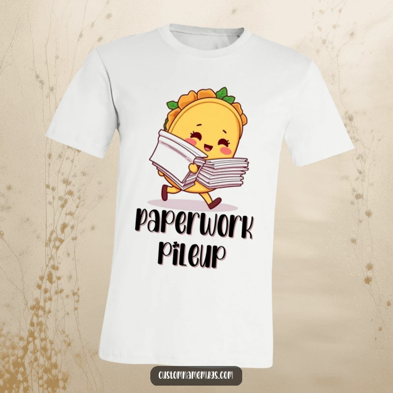 Funny t-shirt featuring a blushing taco character hilariously tripping while holding a massive stack of papers, conveying office stress humor.