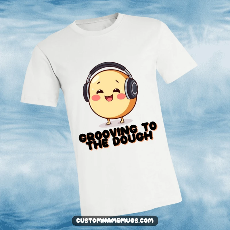 Funny T-Shirt: Smiling round bread character comically wearing oversized headphones, enthusiastically bobbing its head.
