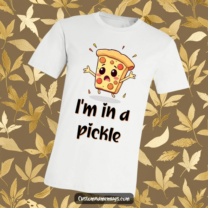 Funny t-shirt showing a pizza slice with arms flailing dramatically as it falls, representing delicious mayhem.