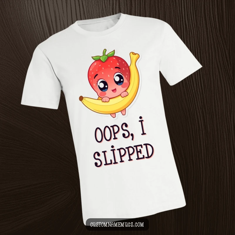 Funny t-shirt showing a cute strawberry character with wide, surprised eyes comically slipping on a discarded banana peel, a classic cartoon gag.