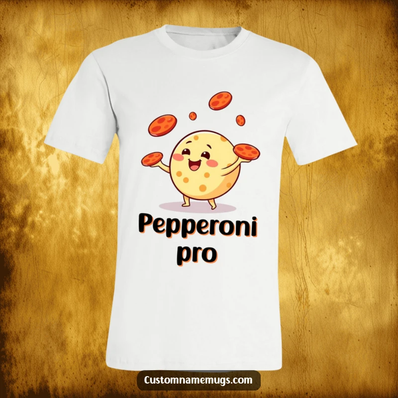 Funny t-shirt featuring a round cheese character happily juggling pepperoni slices like frisbees, embodying playful foodie fun.