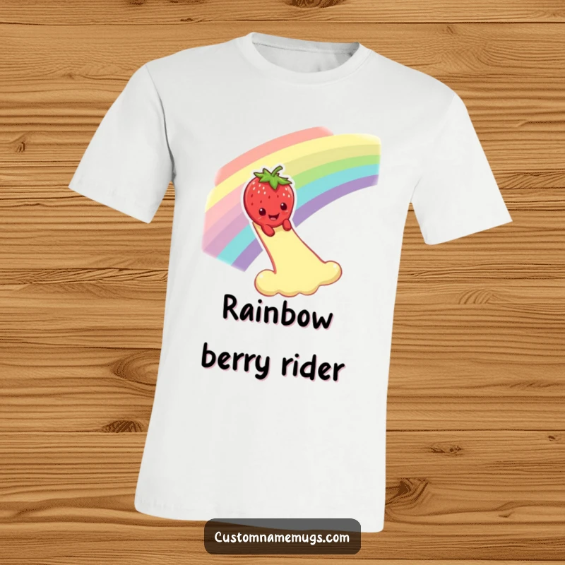 Funny t-shirt featuring a smiling strawberry character dramatically sliding down a rainbow, showcasing cheerful and magical adventure.